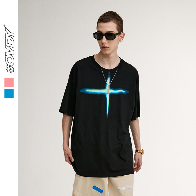 2022 new men's fashion casual spring and summer street fashion personality necklace cross light print loose short sleeves