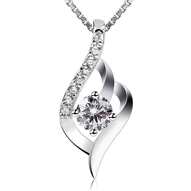 Factory Wholesale 925 Sterling Silver Classic Shiny White CZ Zircon Heart Pendant Necklace for Women