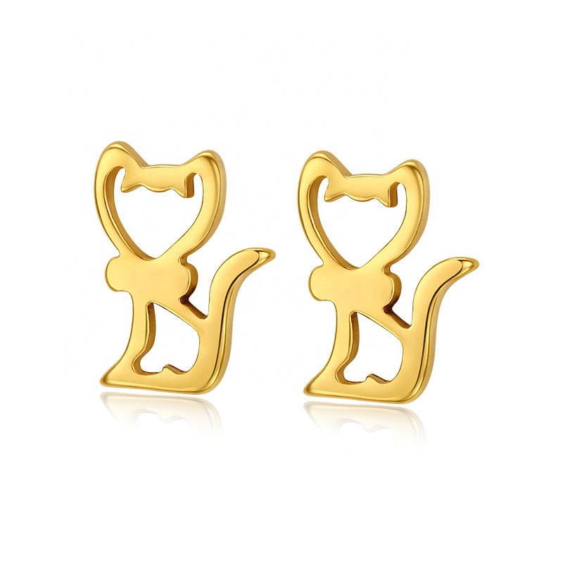 18K Gold Plated Girls Earring High Polish Stainless Steel Cute Cat Stud Earrings