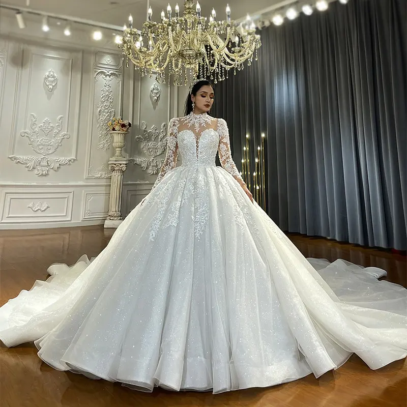 Jancember NS4484 Illusion Beautiful Luxury Ball Gown High Neck Bridal Wedding Dresses