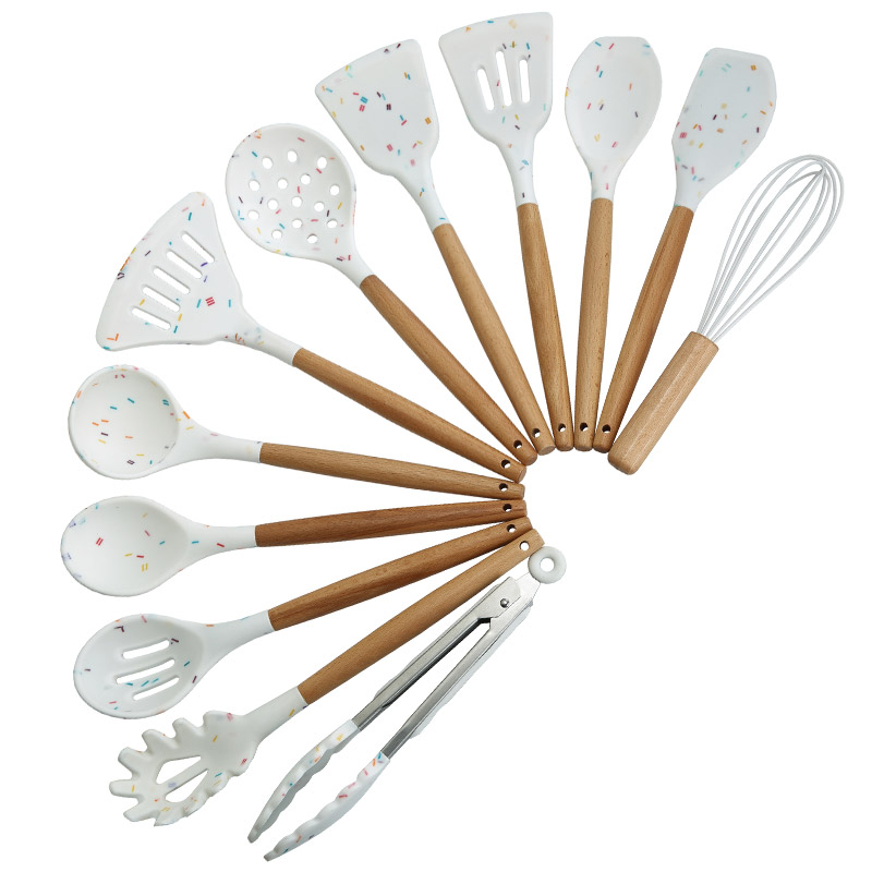 Eco-Friendly Kitchen Tools 12 Piece Silicone Kitchenware Set With Wooden Handle Kitchen Utensils With Round Container
