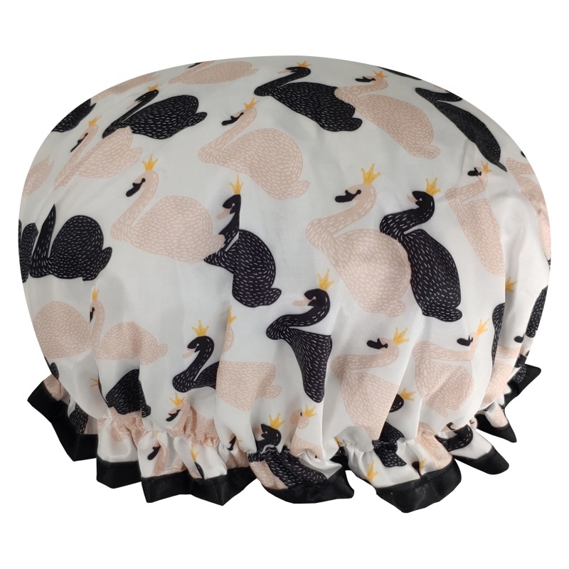 Factorydirect high quality cartoon shower caps low MOQ large enough elastic double layer satin swan shower cap