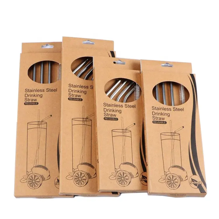 Hot Sale Reusable 304 Stainless Steel Drinking Straws Custom Tea Metallic Straw With Paper Box