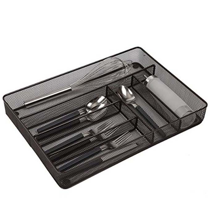 Black   silver cutlery tray   6 compartments | kitchen utensil silverware tray | flatware drawer organizer | the mesh collection
