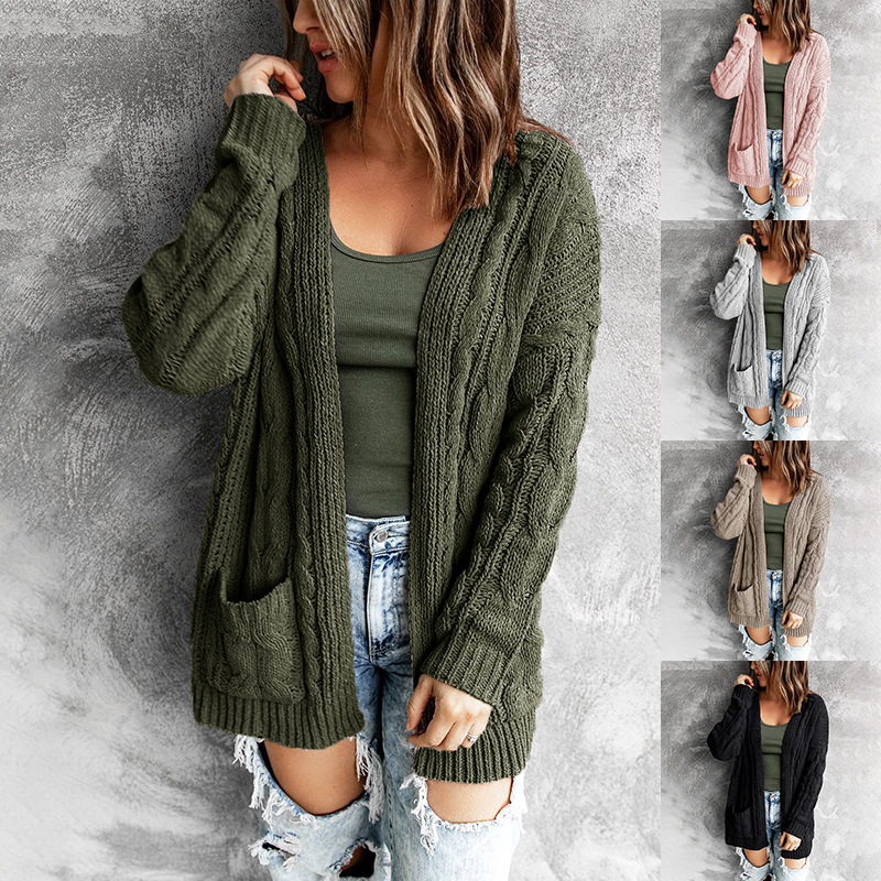 2021 autumn and winter new product solid color pocket mid-length twist knit cardigan jacket sweater women