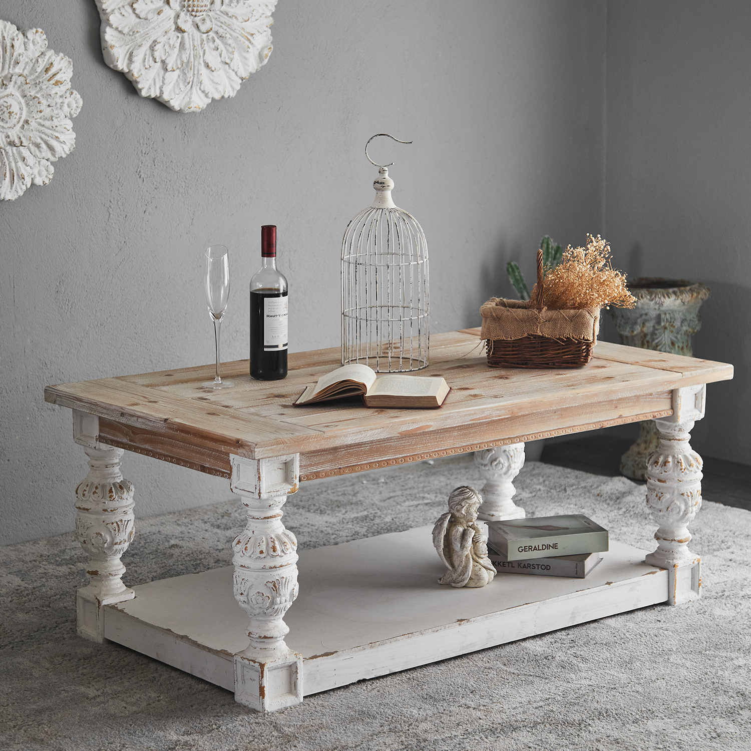 Factory spot living room cabinet, tea table, multi-functional pastoral old white paint storage decoration tea table sofa side se