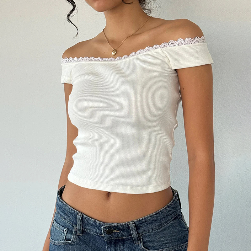 China Manufacturer Sexy White Rib Lace Top Womens Tops And Blouses Lace Detail Fashionable Woman Tops