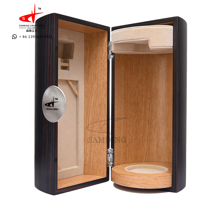 SAMDING box manufacturer ellipsoid ebony wood luxury wooden wine box with metal nameplate