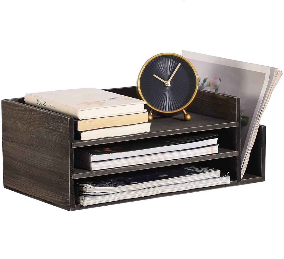 Desktop File Document Letter Tray Holder Organizer,Rustic Gray Wood Desktop Mail Organizer 3-Tier Office Document Tray & Mail