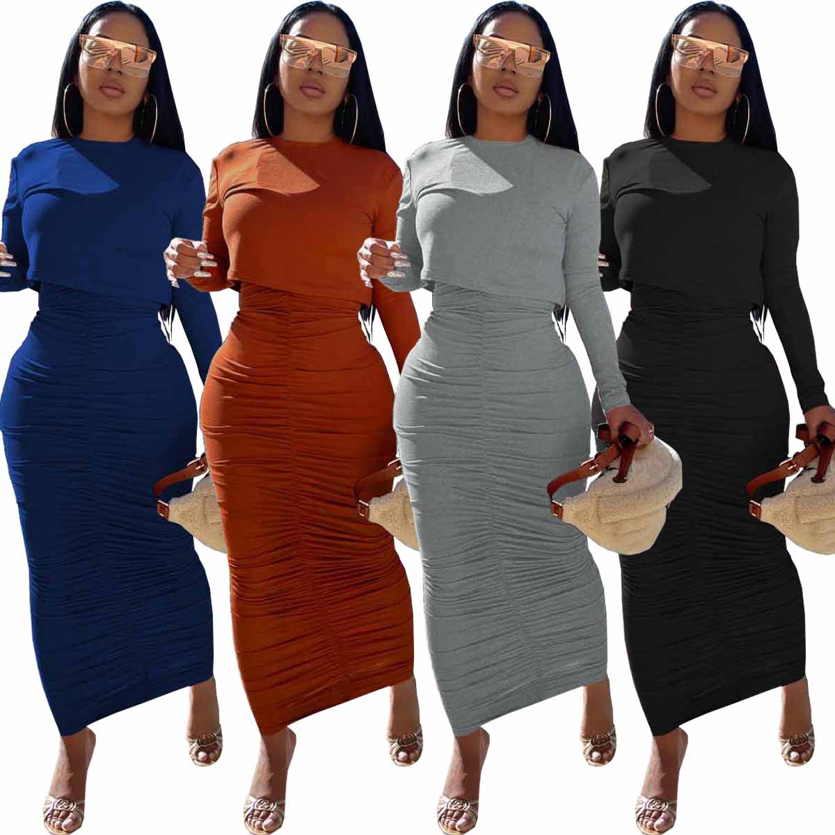 OR- WY6850 Autumn women's new fashion solid color round neck pullover long sleeve top high waist slim long casual skirt
