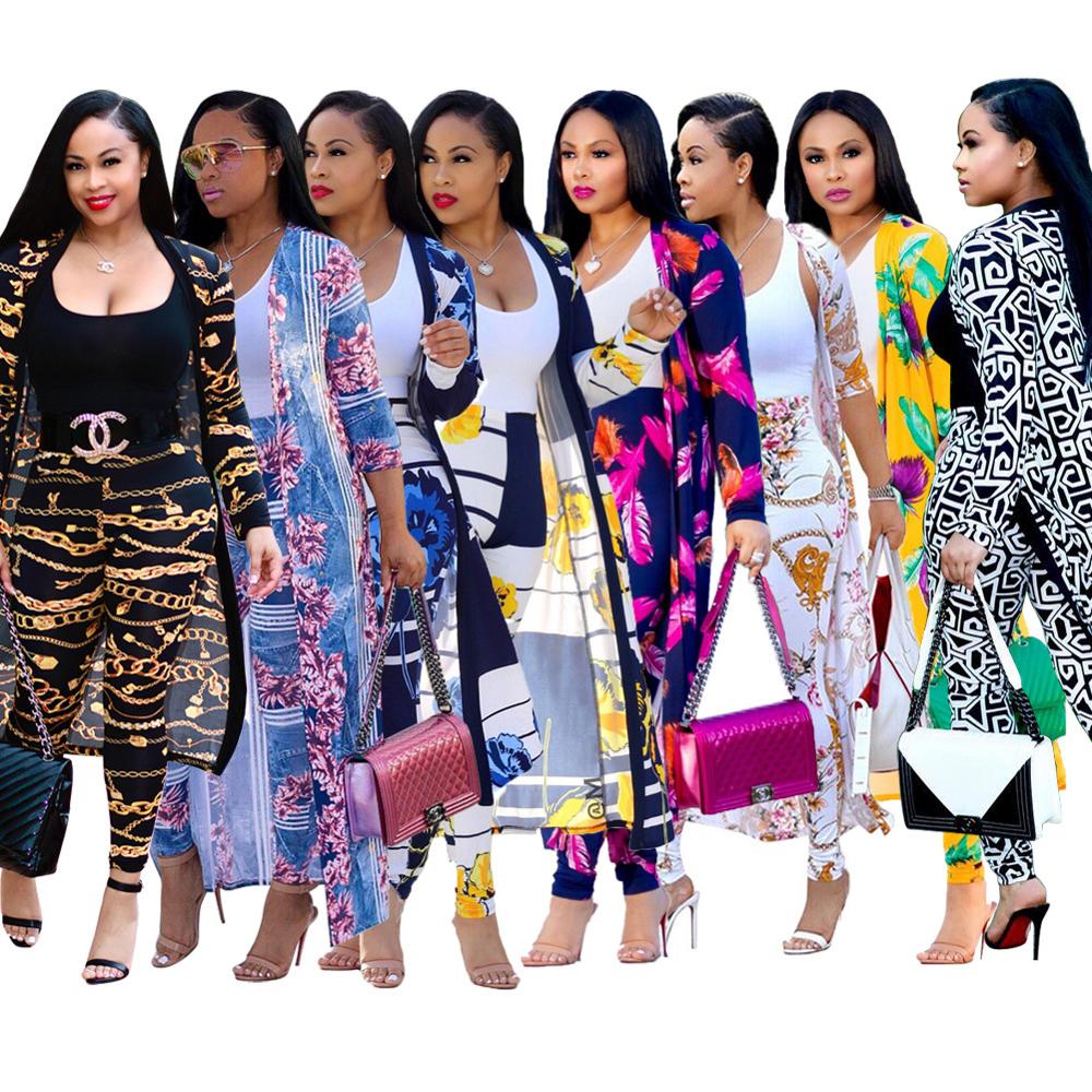 2021 women clothing spring fall Lady elegant Printed long coat leggings two piece pants set boutique clothing