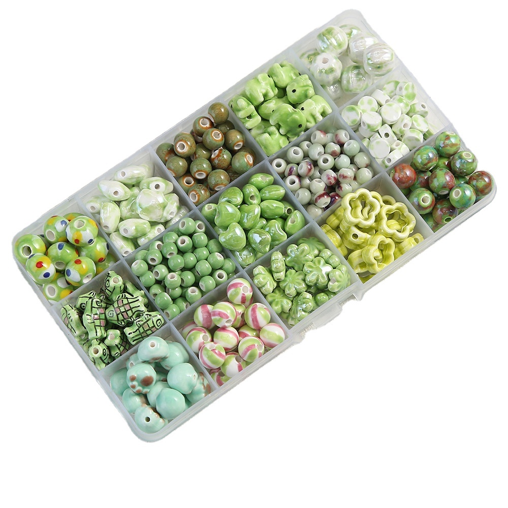 A variety of shapes style green ceramic beads for jewelry making