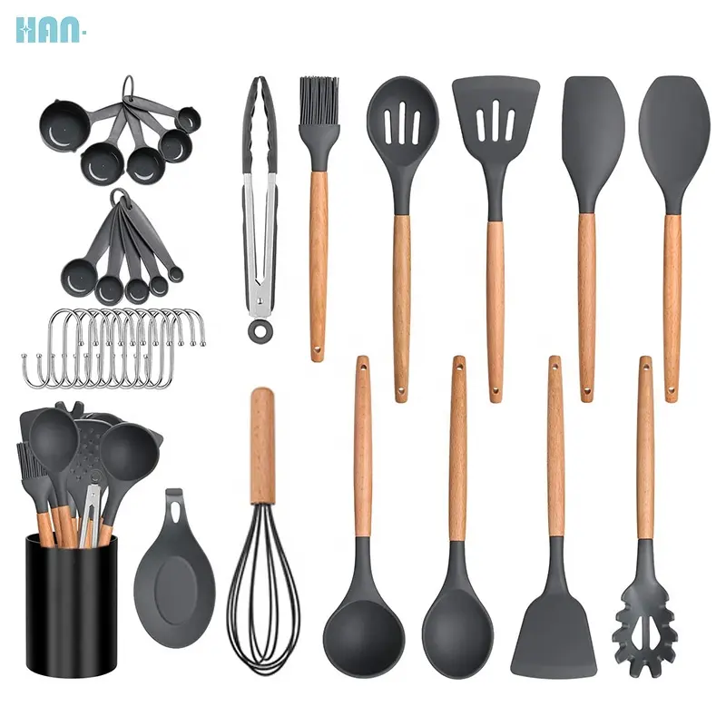 The Newest Wholesale Silicone Kitchen Cooking Utensils Set With Wooden Handle Non-Stick Cookware Kitchen