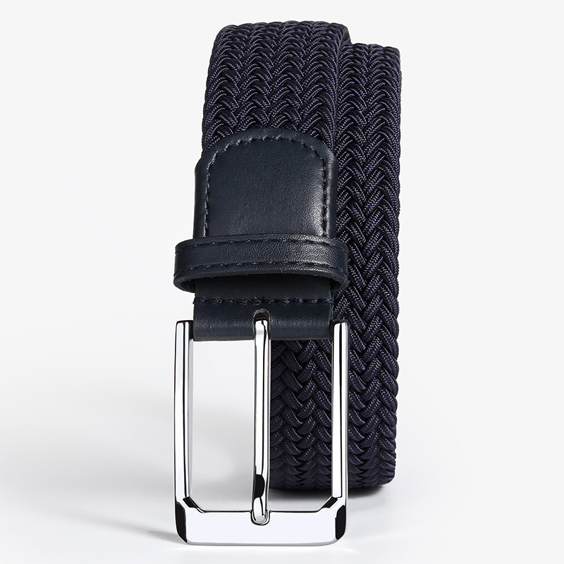 High Reversible Men's Business Woven Belt Casual Non-Perforated Pin Buckle Jeans Elastic Canvas Cow Hide Material Alloy Buckle