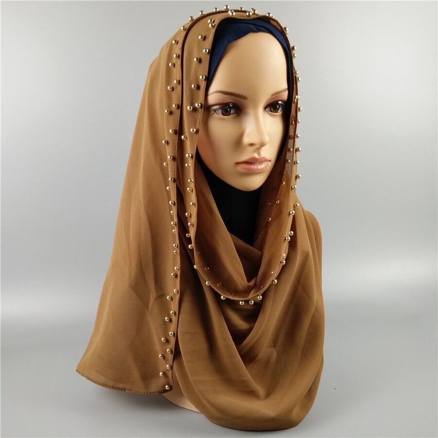 New solid color pearl chiffon double row gold pearl scarf Muslim Hijab for women