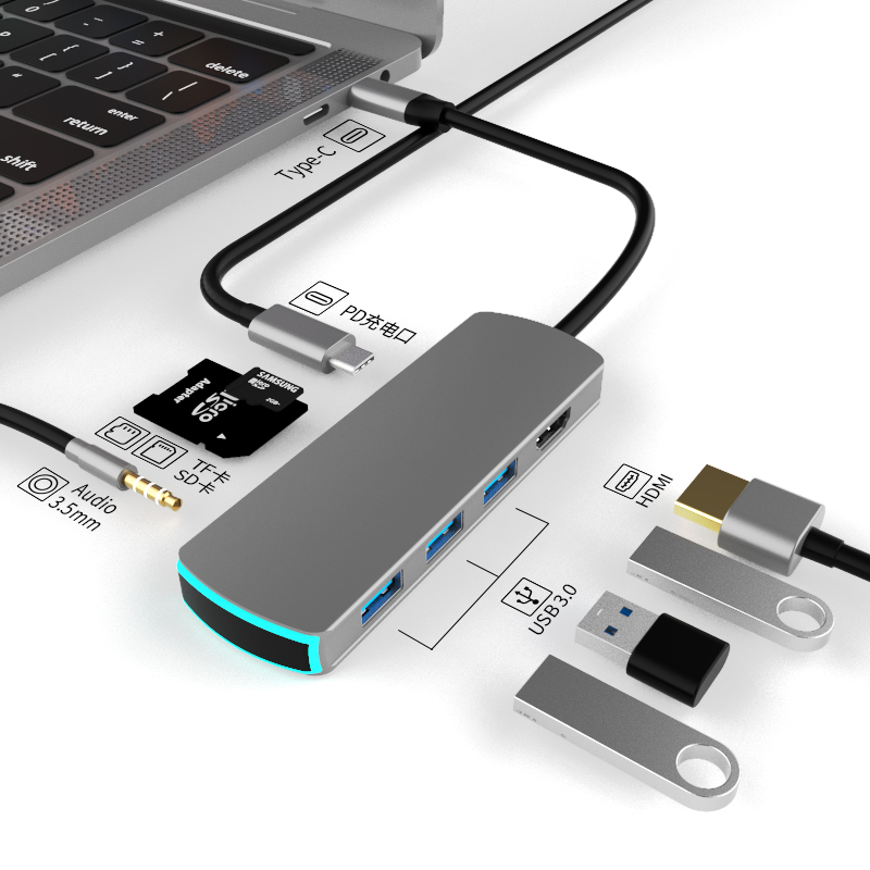 Кабель с разъемом usb типа c концентратор 8 в 1 USB3.0 * 3 HD-MI * 1 AUDIO3.5mm * 1 SD * 1 TF * 1 PD • 1 быстрая зарядка Лидер продаж