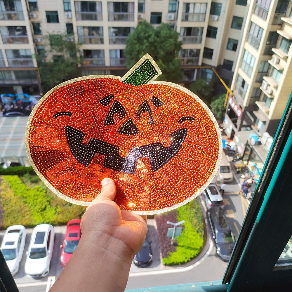 Custom Cute Sequins Chenille Embroidery Patch Halloween Theme Pumpkin Ghost boo Chenille sequin Patch for clothes