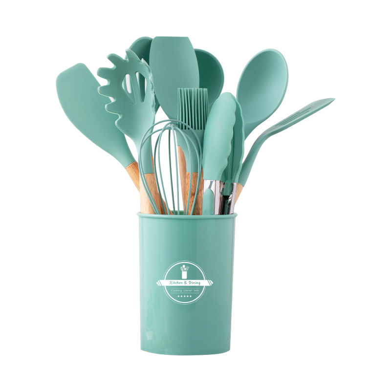 Wooden Spatula Handle 12pcs Colorful Kit Cooking Cookware Nonstick Baking Tool Silicone Cooking Kitchen Utensils Set