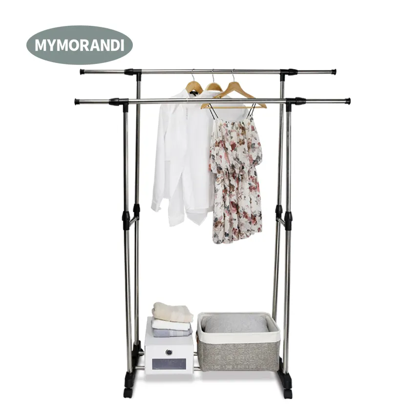 Extendable double pole cloth dryer rack garment rack clothes drying hanger