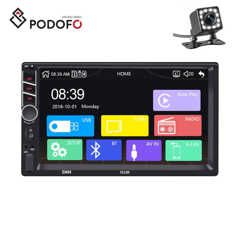 Podofo Автомобильный видео 2din 7 "CarPlay Авторадио MP5 плеер FM BT USB SD сенсорный экран 7013B + пульт + 8LED камера