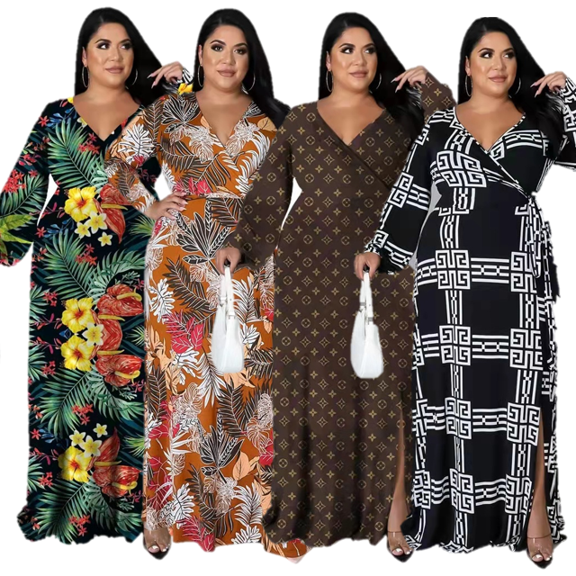Fall 2021 New Arrivals Autumn Fashionable Elegant Digital Print Sexy Waist Maxi Dress Casual Dresses Women Plus Size Clothes