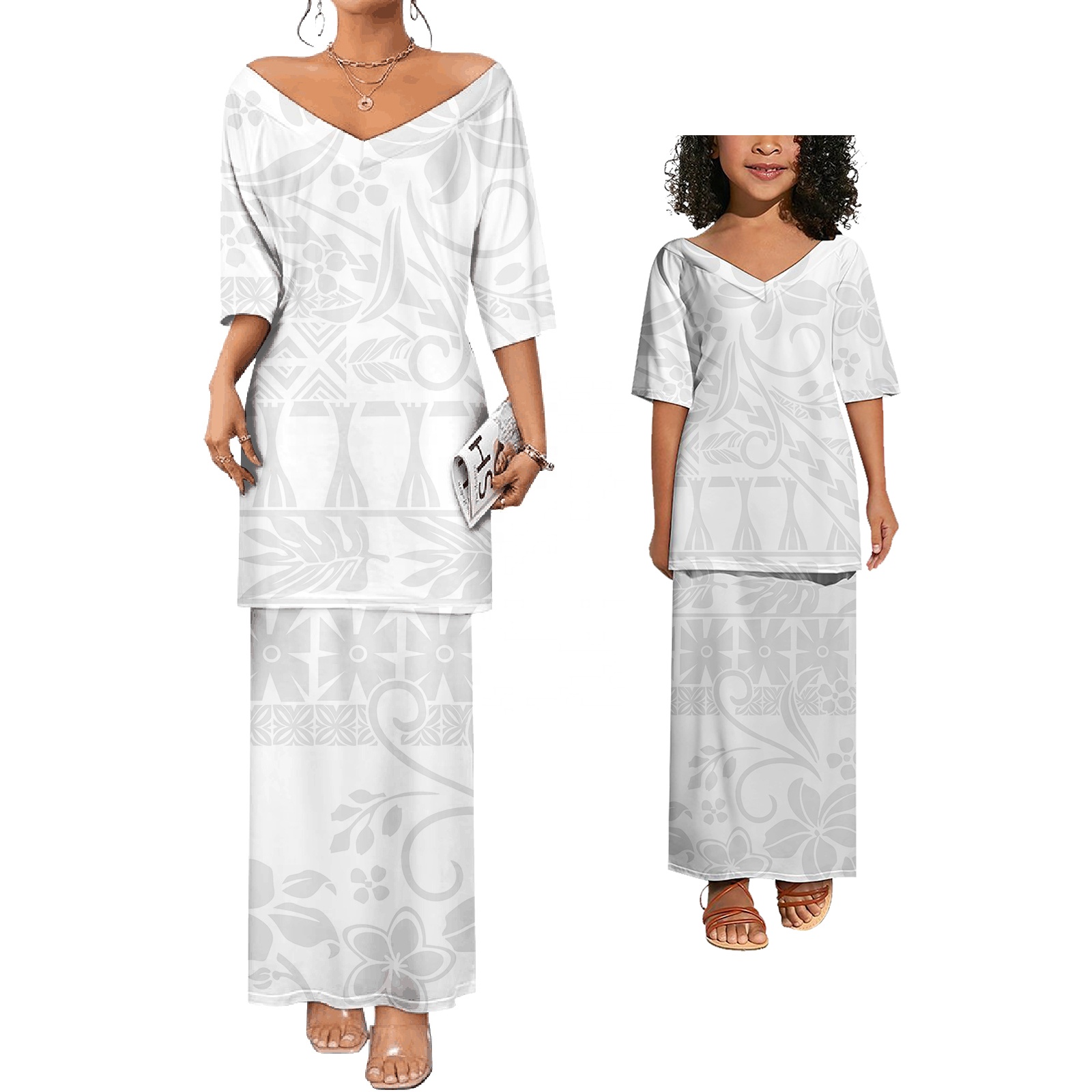 Top Quality White Floral Printed Elegant Ladies Dresses And Kids Girl Puleatsi Samoa Dress Polynesian Tribal Family Matching Set