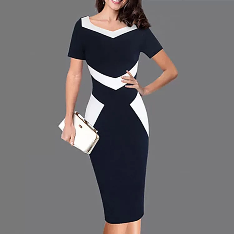 Elegant Women Optical Illusion Patchwork Contrast Dress Office Work Short Sleeve Bodycon Dress E5621