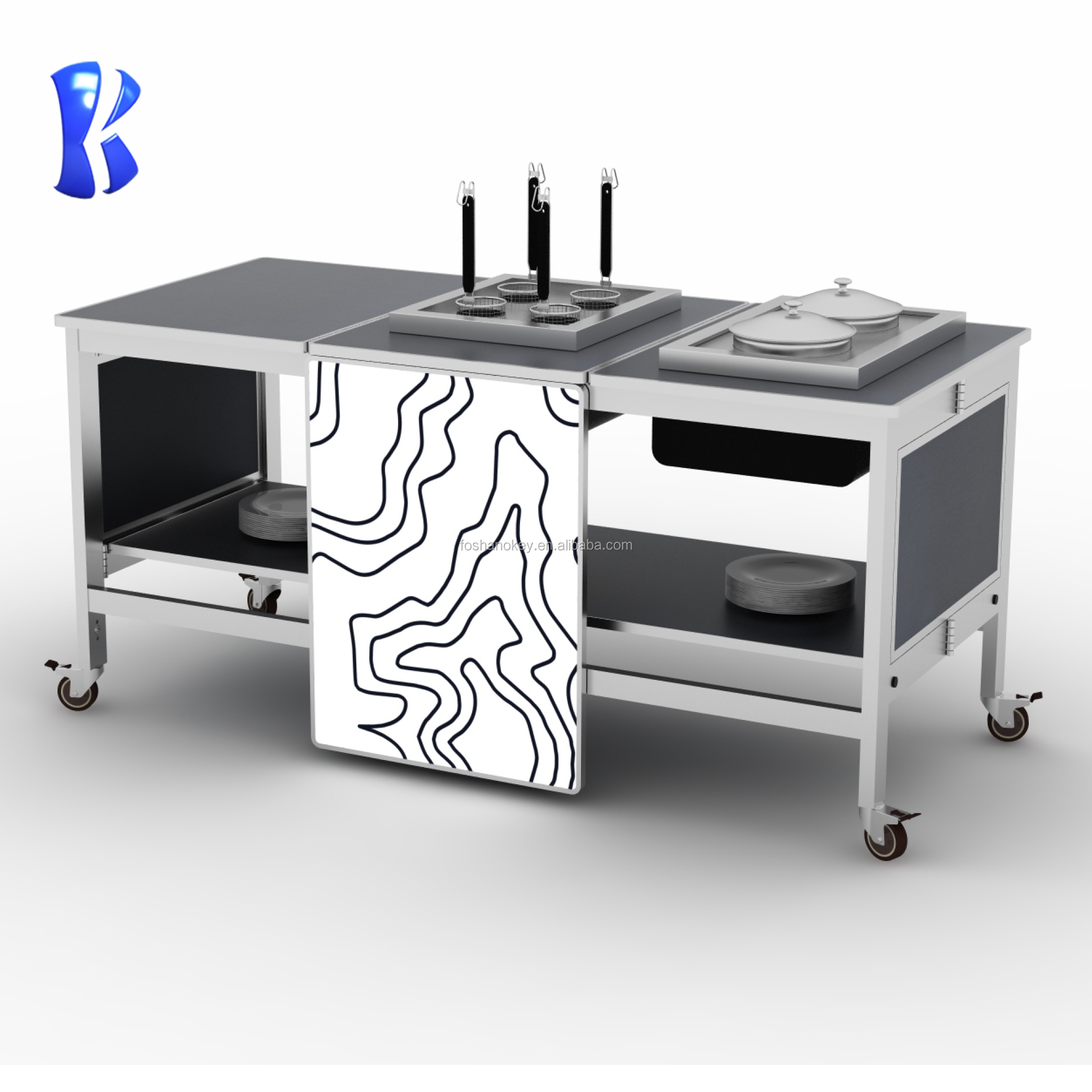 OKEY Restaurant Kitchen equipment Stainless Steel Structure LED Mobile Buffet Station Modern Style commercial noodle cooker