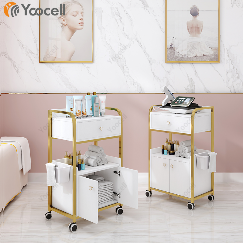 Yoocell luxury white color gold frame bomboo beauty nail salon rolling trolley cart with wheels in salon furniture for sale