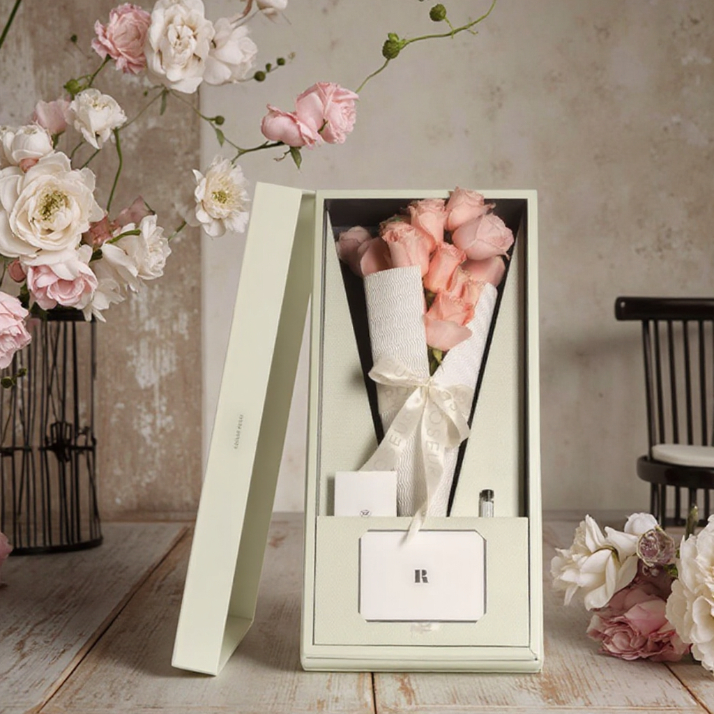 Luxury Premium Rose Flower Foil-Stamped Custom Rigid Grey Cardboard Gift Box Fancy Valentine's Day Gift Packaging JC QW1 Design