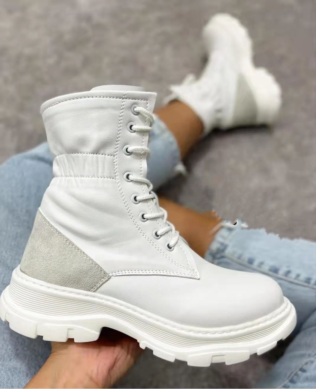 LESLIDES Combat Boots Women White PU Leather Motorcycle Boots Punk Gothic Shoes Fashion Lace Up Black Ankle Boots Female Shoes