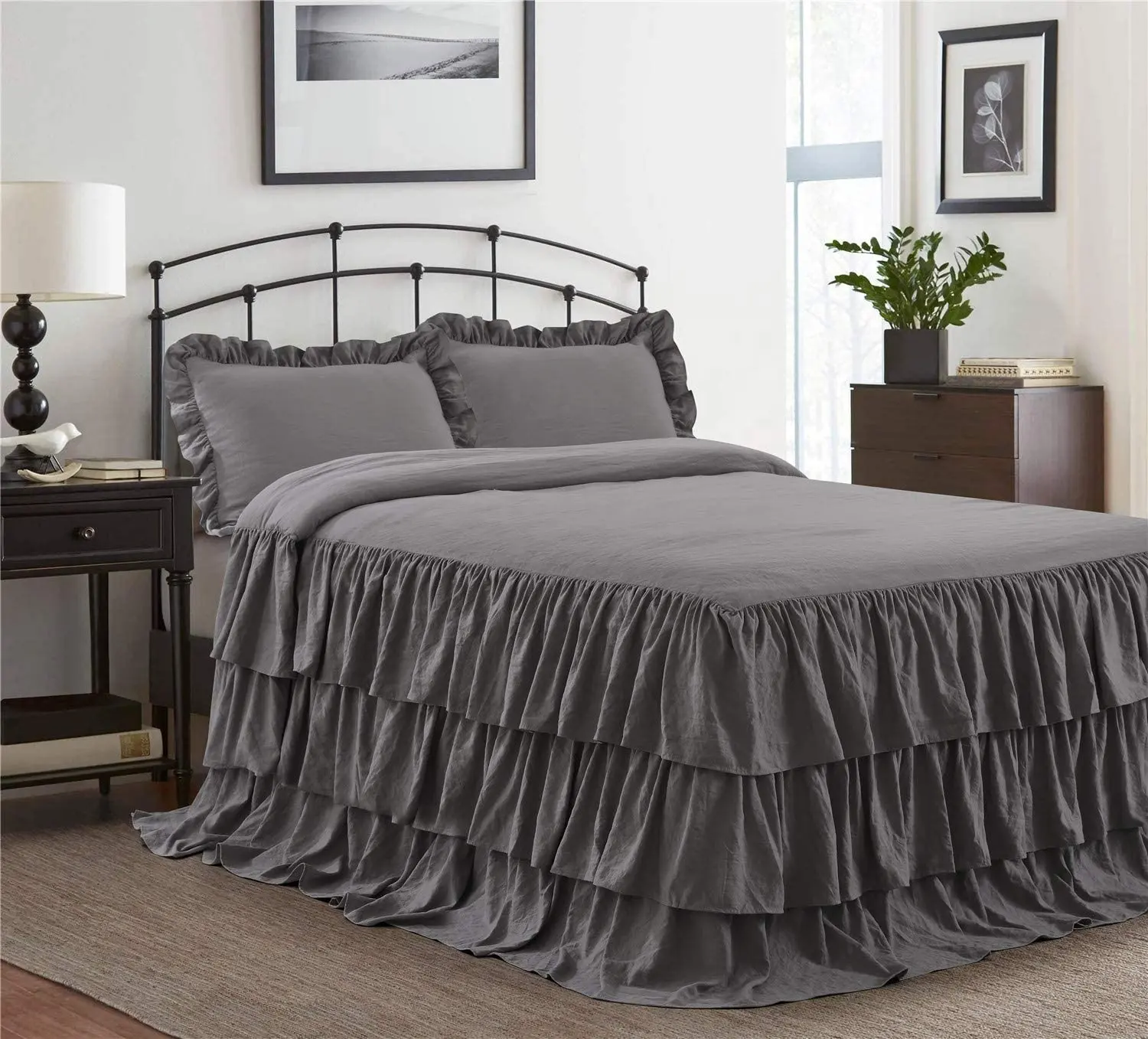 3 Piece Ruffle Skirt Bedspread Set King-Gray Color 30 Inches Drop Ruffled Style Bed Skirt Coverlets Bedspreads Dust Ruffles