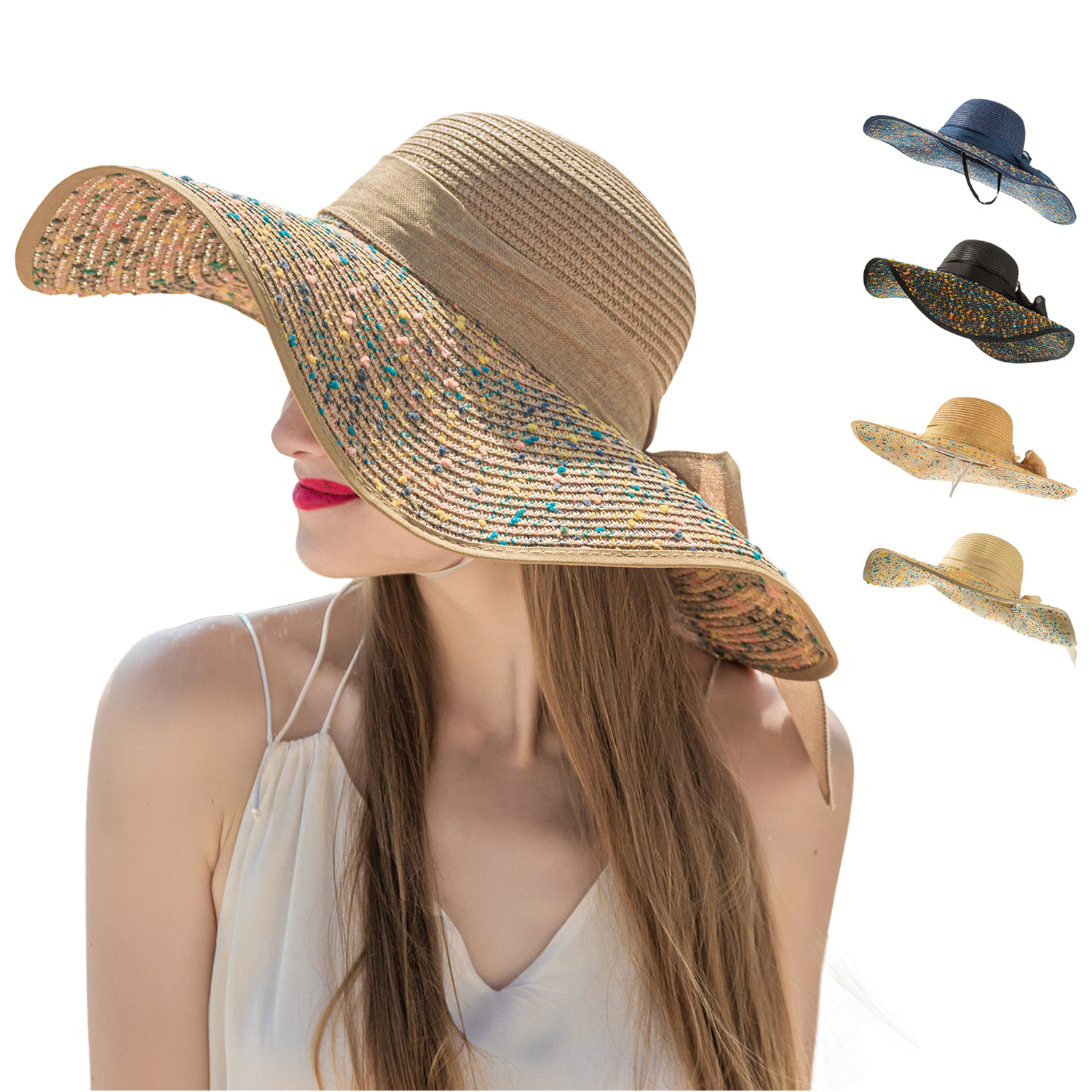Wholesale Summer Women's Big Bowknot Straw Hats Large Floppy Foldable Roll Up Beach CapSummer Beach Hats Wide Brim Straw Hats