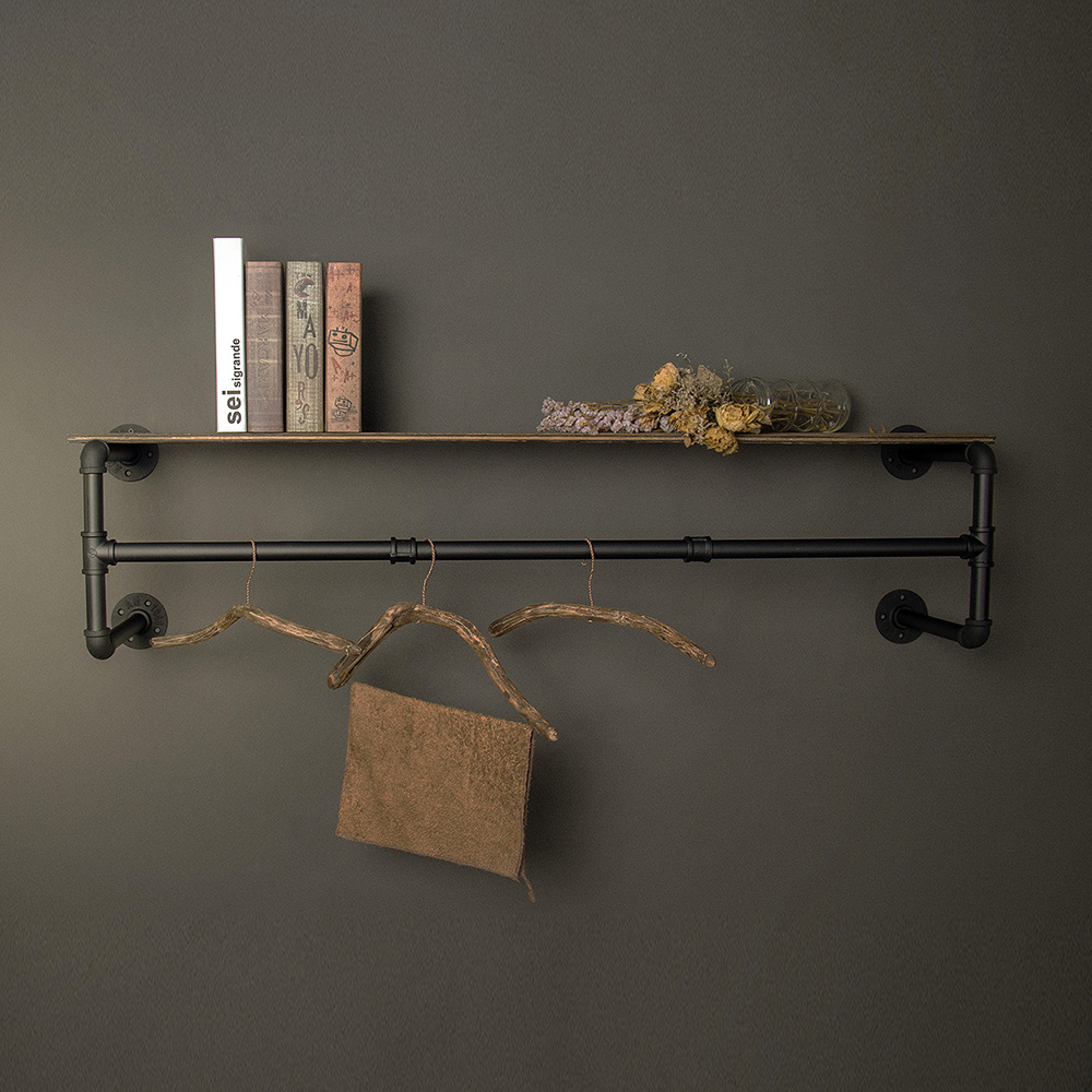 Iron Garment Industrial Pipe Clothes Rack Heavy Duty Detachable Wall Mounted Black Bar 46 Inch Length Easy Assembly Bar Metal