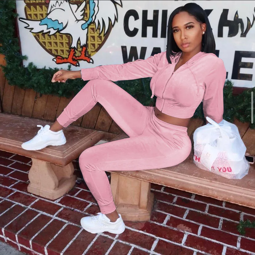 2021 Fall Women Fashion Clothes 2 Piece Set Velour Custom Tracksuit for Women Hoodie Velvet Two Piece Set
