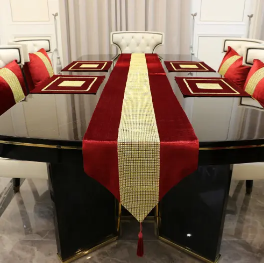 European style tassel tablecloth velvet decorative table cover luxury handmade rhinestone table runner
