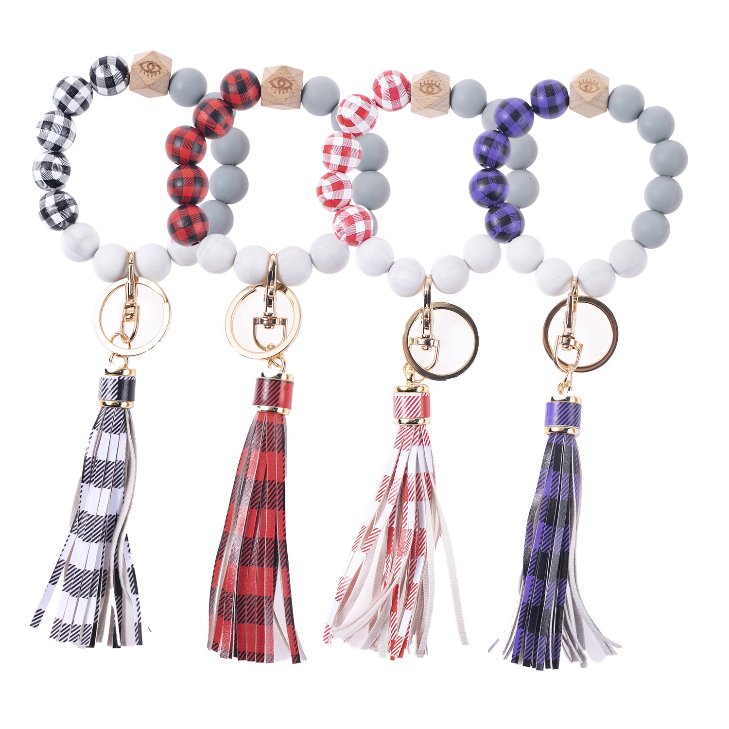 Factory Wholesale Multi Style Leopard Lattice Wood Bead Bracelet Customized PU Leather Tassel Bangle Keychain