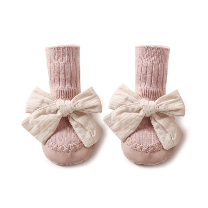 2021 autumn baby leather sole floor footwear baby socks in tube anti-drop bow princess socks toddler socks shoes