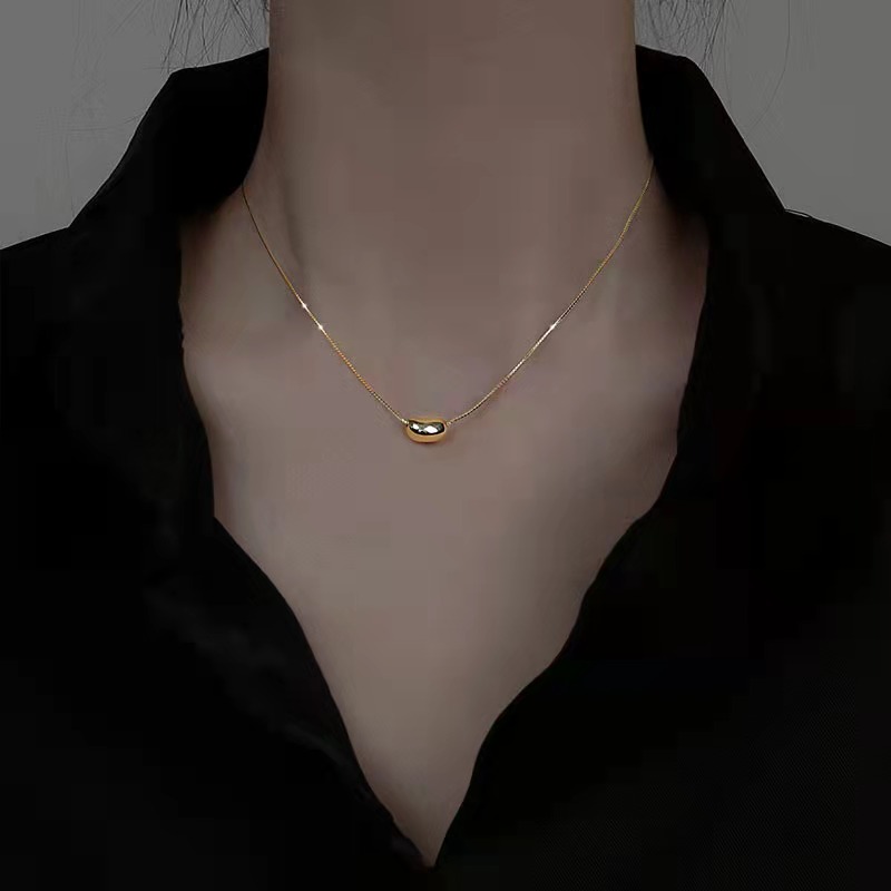 Korean Sterling Silver Box Chain Beans Pendant Necklace INS Simple Gold Plated Choker Chain Necklace For Ladies