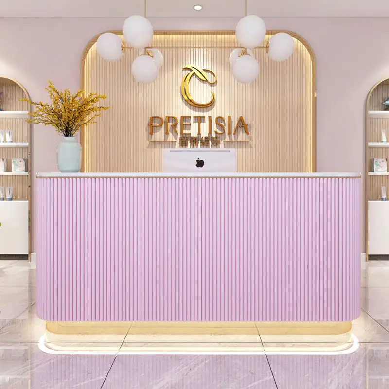 Modern minimalist beauty salon wood pink led light bar reception counter front desk