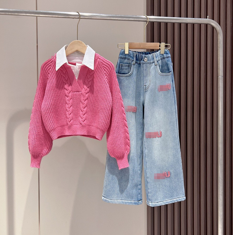 2024 new fashion 2pcs 4-14Y girls clothing sets top sweater and denim pants kids clothes girls clothes