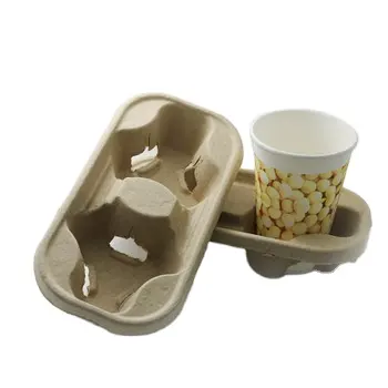 Eco take away drink coffee pulp paper cup biodegradable holder tray for 2/4 cup