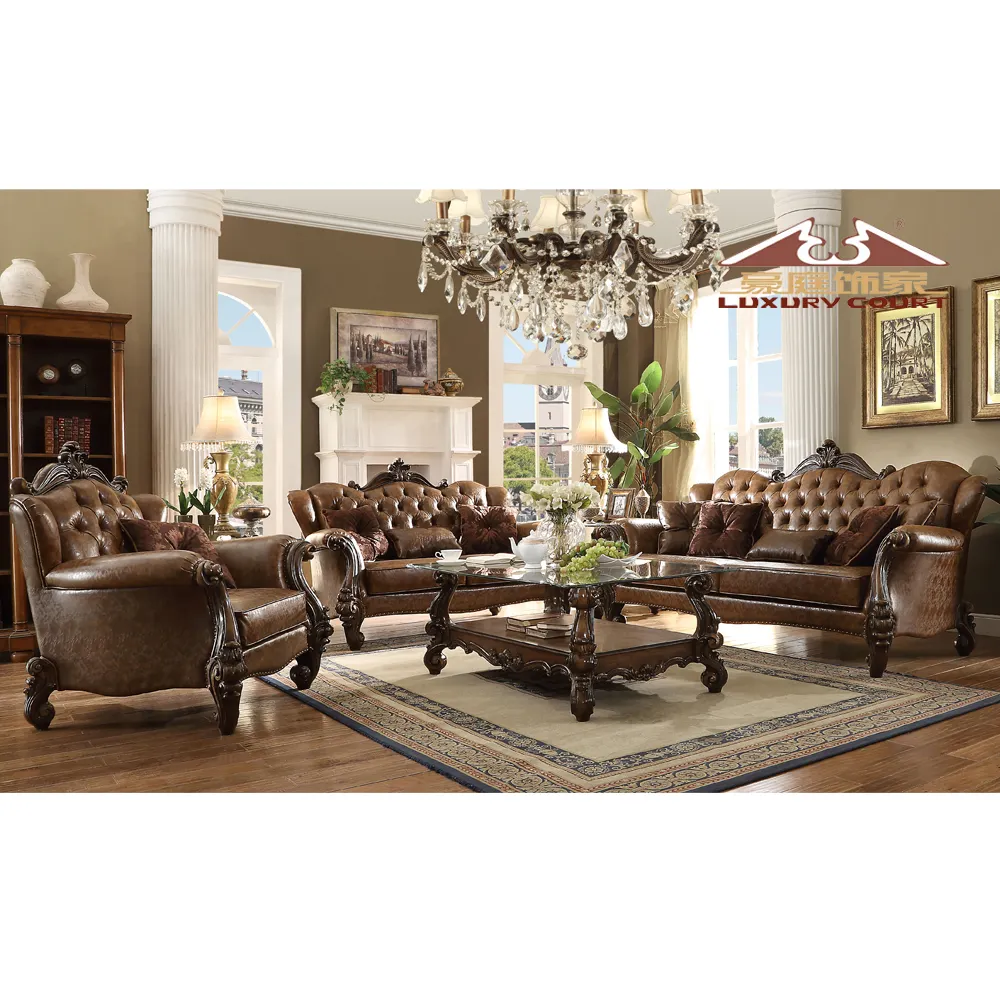Longhao Furniture High Quality Traditional Elegant Furniture, Luxury Leather 6 Seaters Family Living Room Sofa Set