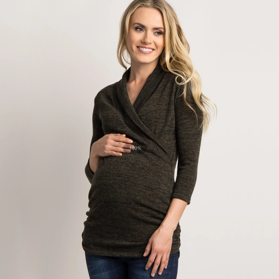 Custom Heathered Gray Knit Maternity Nursing Tops Shirts Cross Clothes 100% Cotton Long Sleeve Blouse Women's Breastfeeding Tops