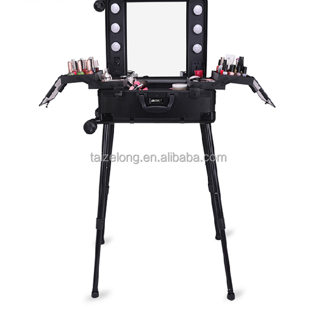 Black/Pink Rolling Studio Makeup Artist Cosmetic Case with Light Leg Mirror Train