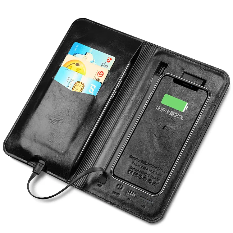 Multifunctional Business Mens Leather Wallet Wired And Wireless Power Bank Wallet With Cellphone Case Pouch