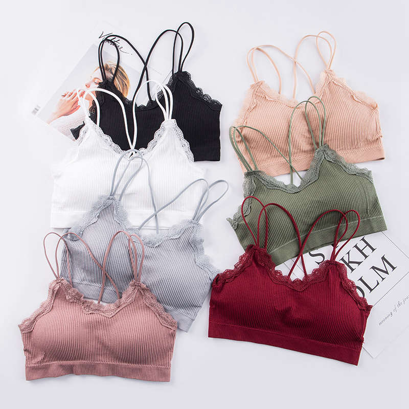 High Quality Ladies Bras Wireless Removable Padded Double Straps Bralette Women Solid Lace Seamless Bra Tube Top