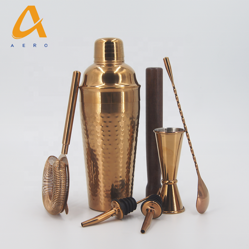 Custom 7-Piece Metal Barware Set Bar Tool Drink Mixing Stainless Steel Gold Hammered Cocktail Shaker Set