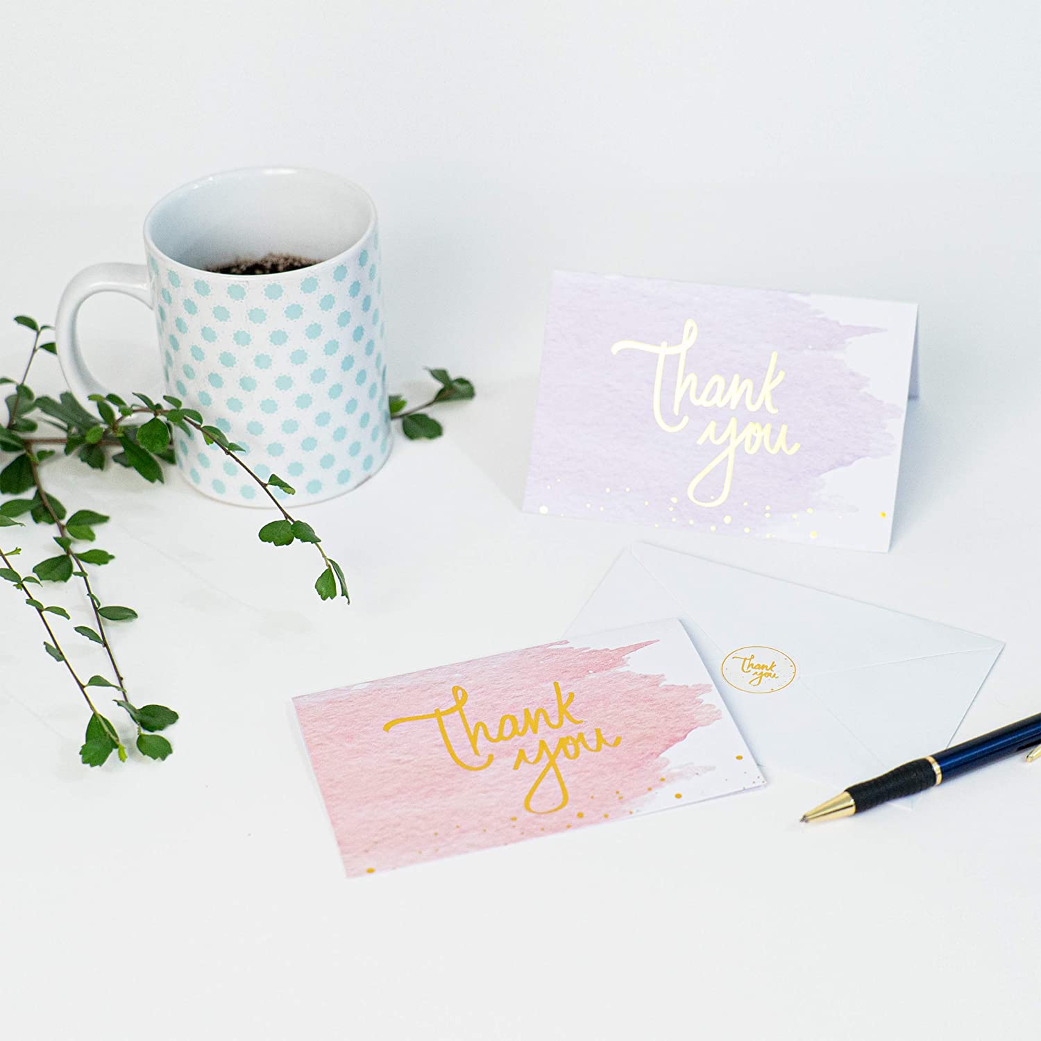 Bulk Gold And Watercolor Thank You Cards for Thank You Notes Set Blank Cards with Envelopes for Baby Shower