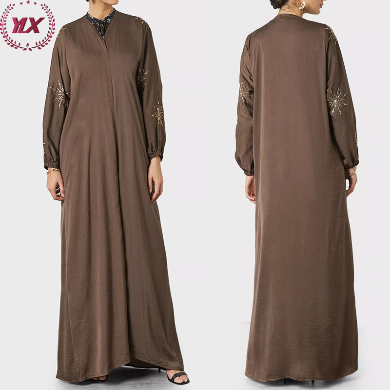 New Fashion Modest Design Embroidered Cuff Sleeve Comfortable Fabric Cut-stones V Neck Maxi Length Abaya Femmes Robe Musulmane